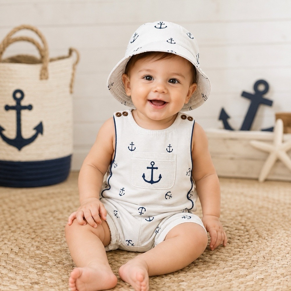 Tommy Bahama Baby Nautical Anchor Romper Bucket Hat Set 6-9M Cotton